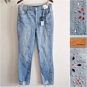 Express Super High Rise Ankle Legging Blue Jeans Studded Gem Stretch 12R NWT